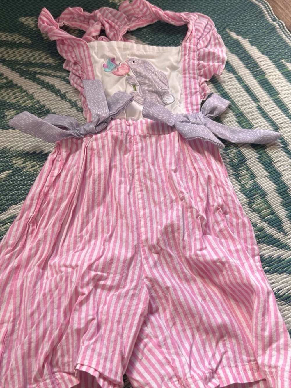 & Other Stories Pink White Striped Kids Romper with Lilac Bows size 6-7